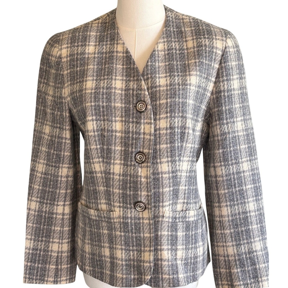 Pendleton Plaid Wool Blazer Grey Womens 6P‎ Collarless Jacket Librarian Chic